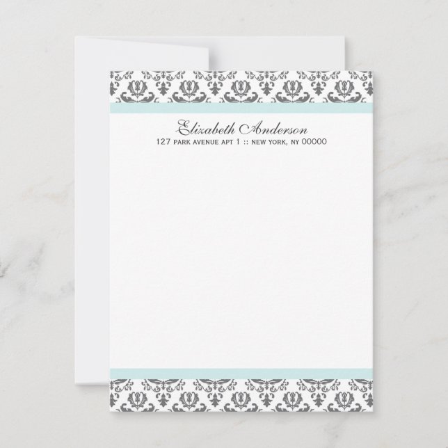 Mint and Grey Damask Flat Thank You Notes Invitation (Front)