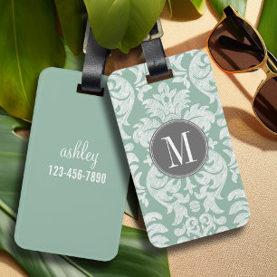 Mint and Grey Damask Pattern Custom Monogram Luggage Tag