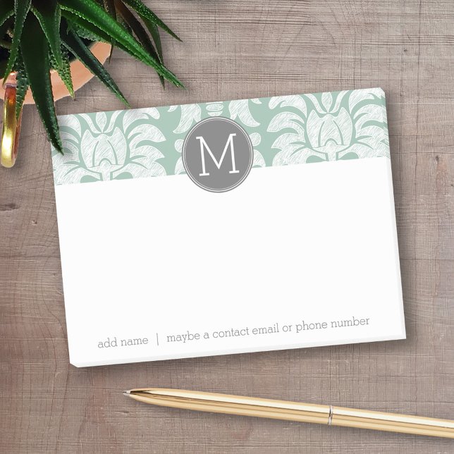 Mint and Grey Damask Pattern Custom Monogram Post-it Notes (Personalized post-it notes - add your name and other text)