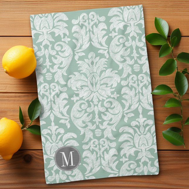 Mint and Grey Damask Pattern Custom Monogram Tea Towel (Shabby chic lace damask pattern with a monogram kitchen towel)