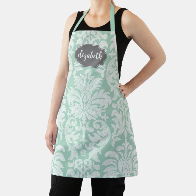 Mint and Grey Damask Pattern Custom Name Apron (Insitu)