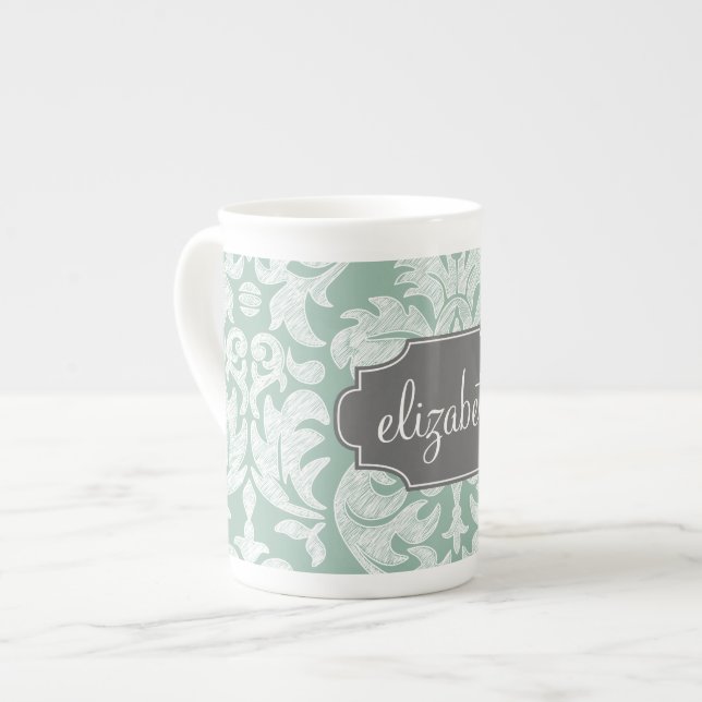 Mint and Grey Damask Pattern Custom Name Bone China Mug (Front Left)