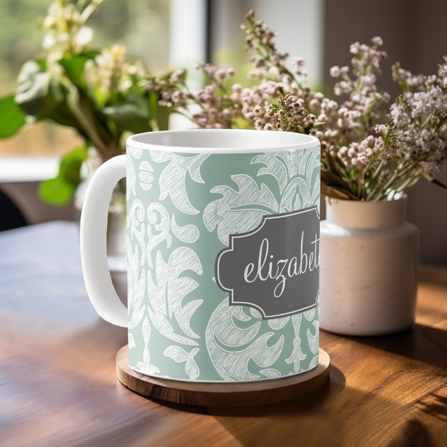 Mint and Grey Damask Pattern Custom Name Coffee Mug (Mug template with Monogram)