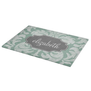 Mint and Grey Damask Pattern Custom Name Cutting Board