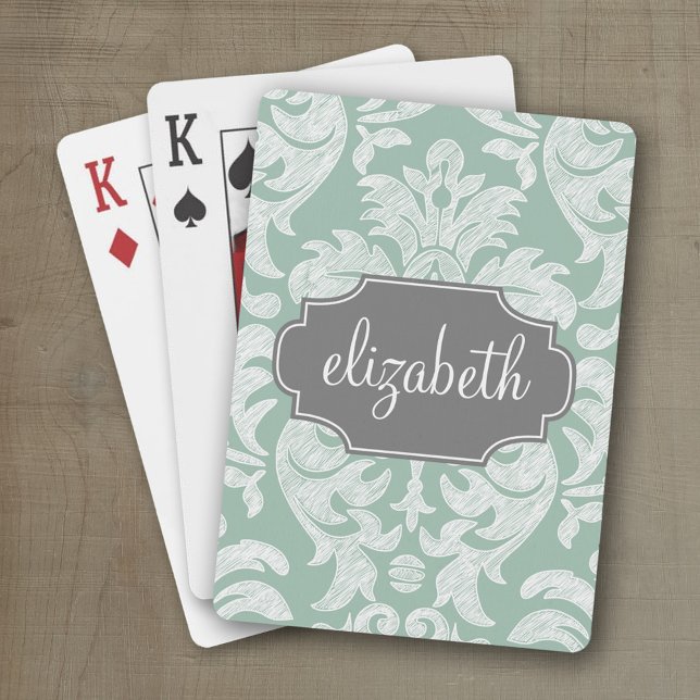 Mint and Grey Damask Pattern Custom Name Playing Cards (Personalized playing cards with a fun area to add text such as a name)