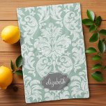 Mint and Grey Damask Pattern Custom Name Tea Towel<br><div class="desc">Add your name or monogram to this trendy and feminine floral damasks with popular colours. The damask has a whimsical chalkboard look.</div>