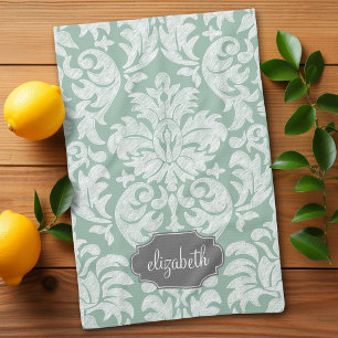 Mint and Grey Damask Pattern Custom Name Tea Towel