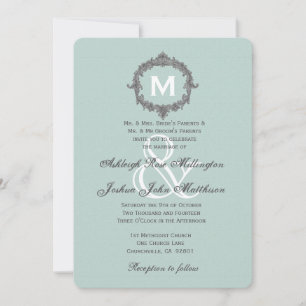 Mint and Grey Frame Monogram Wedding A03 Invitation