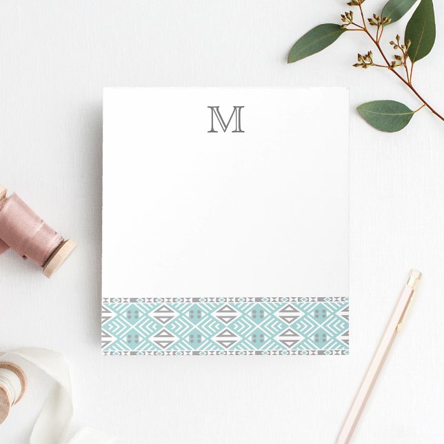 Mint and Grey Geometric Tribal Pattern Monogram Notepad (Creator Uploaded)