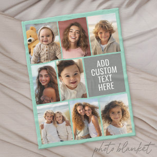 Mint and Grey Instagram 8 Photo Collage and Text Fleece Blanket
