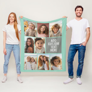 Mint and Grey Instagram 8 Photo Collage and Text Fleece Blanket