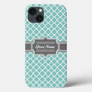 Mint and Grey Moroccan Quatrefoil Personalised N1 iPhone 13 Case