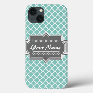 Mint and Grey Moroccan Quatrefoil Personalised N1 iPhone 13 Case