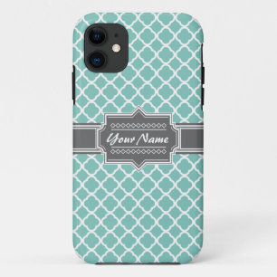 Mint and Grey Moroccan Quatrefoil Personalised N1 iPhone 11 Case