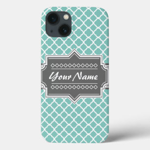 Mint and Grey Moroccan Quatrefoil Personalised N1 iPhone 13 Case