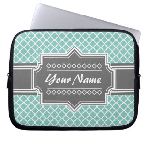 Mint and Grey Moroccan Quatrefoil Personalised N1 Laptop Sleeve