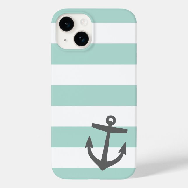 Mint and Grey Nautical Stripes and Anchor Case-Mate iPhone Case (Back)