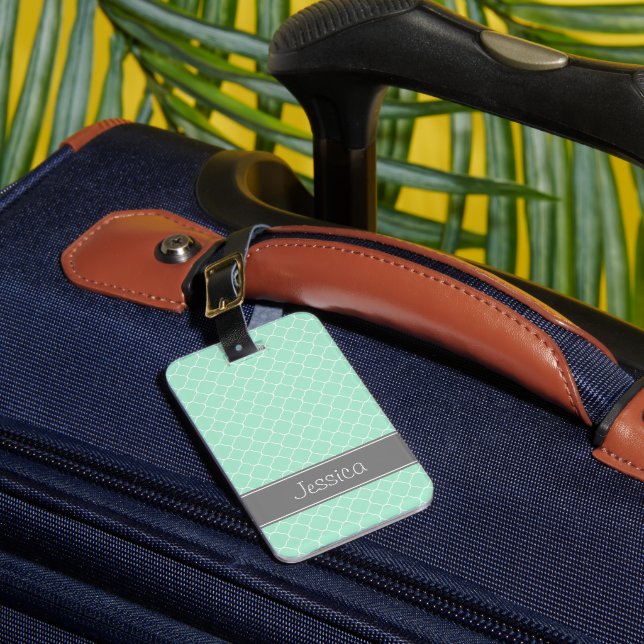 Mint and Grey Quatrefoil Pattern Personalised Luggage Tag (Front Insitu 1)