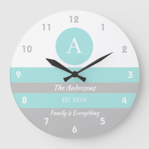 Mint and grey stripes family name large clock