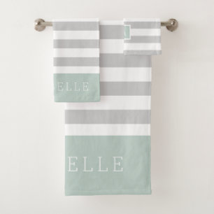 Mint and Grey Stripes Monogram Editable Colours Bath Towel Set