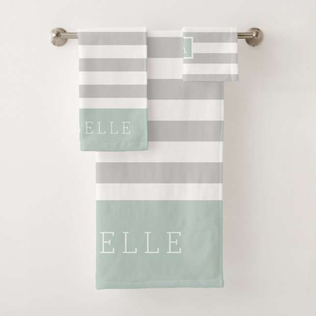 Mint and Grey Stripes Monogram | Editable Colours Bath Towel Set (Insitu)