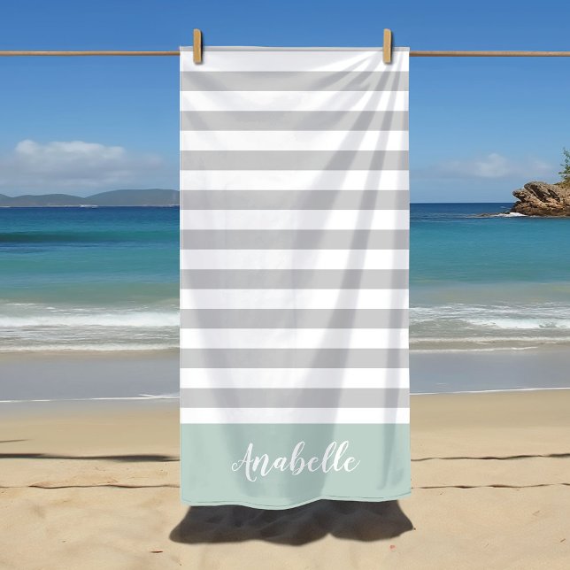 Mint and Grey Stripes Monogram | Editable Colours Beach Towel (Creator Uploaded)