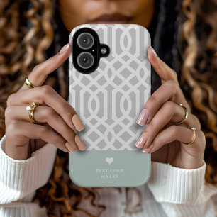 Mint and Grey Trellis Heart Monogram iPhone 16 Case