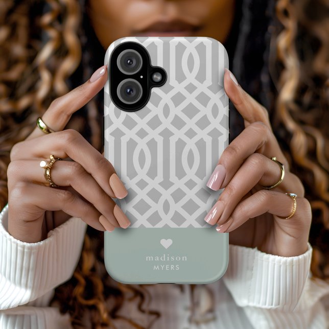 Mint and Grey Trellis Heart Monogram Case-Mate iPhone Case (Creator Uploaded)