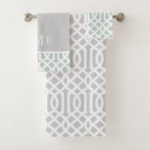 Mint and Grey Trellis Monogram Editable Colours Bath Towel Set