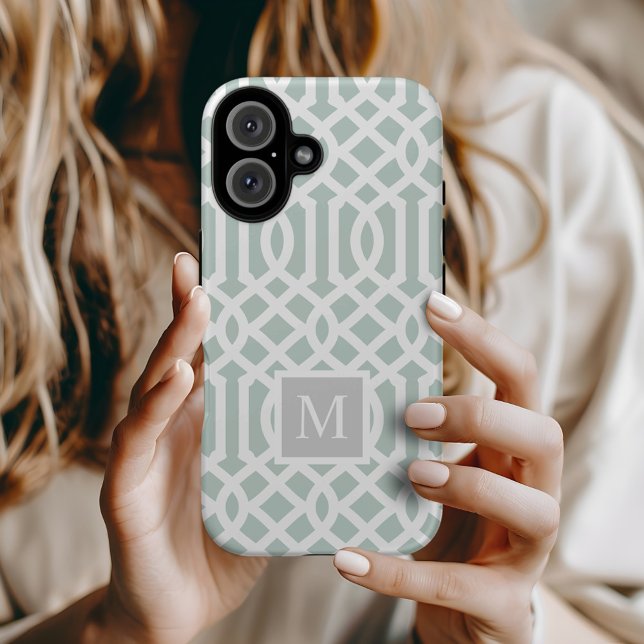 Mint and Grey Trellis Monogram | Editable Colours Case-Mate iPhone Case (Creator Uploaded)