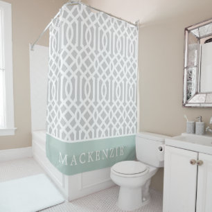 Mint and Grey Trellis Monogram Editable Colours Shower Curtain