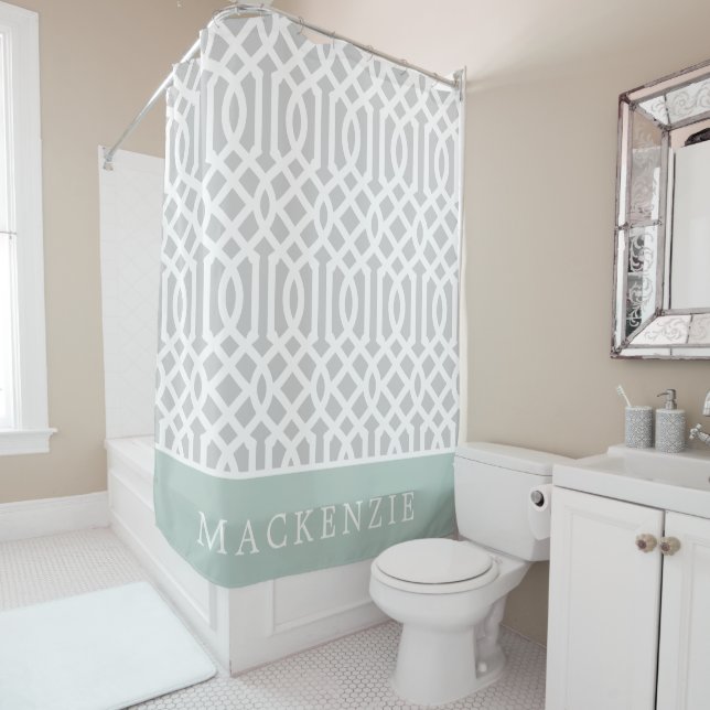Mint and Grey Trellis Monogram | Editable Colours Shower Curtain (In Situ)