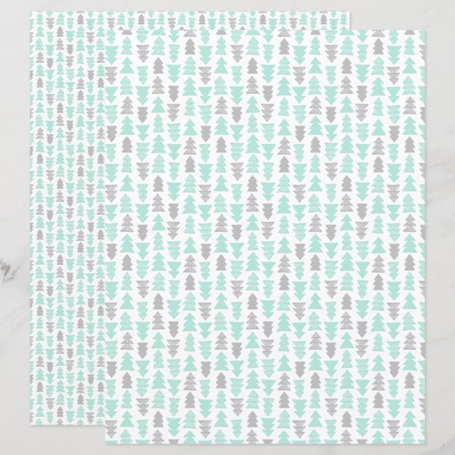 Mint and Light Grey Christmas Tree Scrapbook Paper (Front/Back)