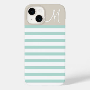 Mint and Linen Beige Preppy Stripes Monogram Case-Mate iPhone 14 Case