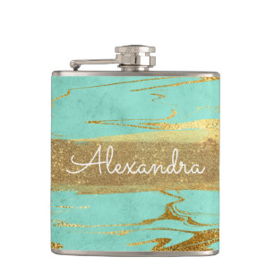 Mint and Marble with Gold Foil and Glitter Hip Flask