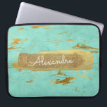 Mint and Marble with Gold Foil and Glitter Laptop Sleeve<br><div class="desc">Mint Teal Blue and Marble with Gold Foil and Glitter Elegant Monogram Name Case. This case can be customised to include your first name.</div>