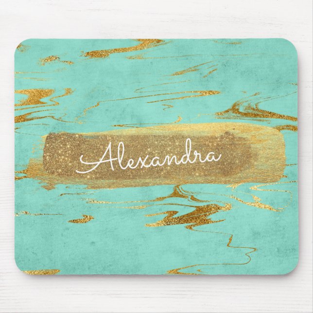 Mint and Marble with Gold Foil and Glitter Mouse Mat (Front)