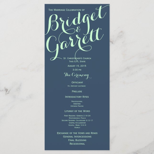 Mint and Navy Blue Text Design Wedding Program Programme (Front)