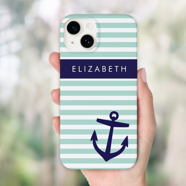 Mint and Navy Nautical Stripes Anchor Monogram Case-Mate iPhone Case (Creator Uploaded)