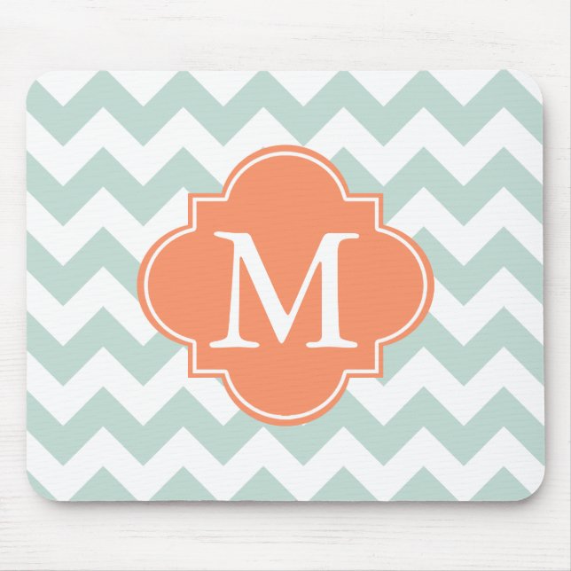 Mint and Orange Modern Chevron Custom Monogram Mouse Mat (Front)