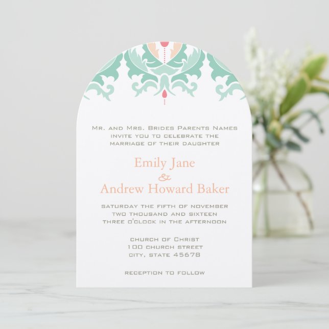 Mint and Peach Damask Wedding Invitation (Standing Front)