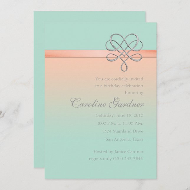 Mint and Peach Embellished Ribbon Invitation (Front/Back)