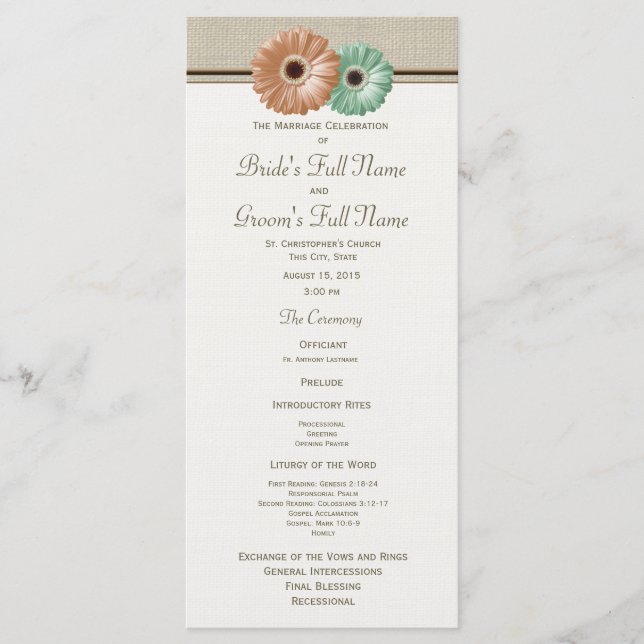 Mint and Peach Gerbera Daisy Wedding Program Programme (Front)