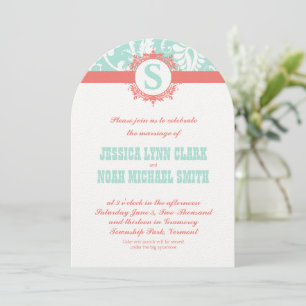 Mint and Peach Monogram Damask Wedding Invitations