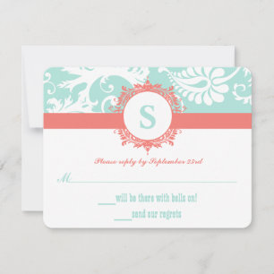 Mint and Peach Monogram Damask Wedding Invitations