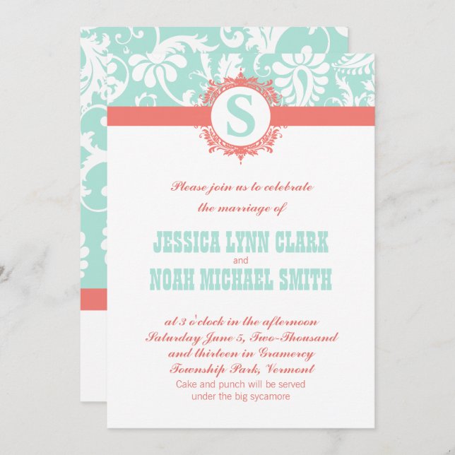 Mint and Peach Monogram Damask Wedding Invitations (Front/Back)