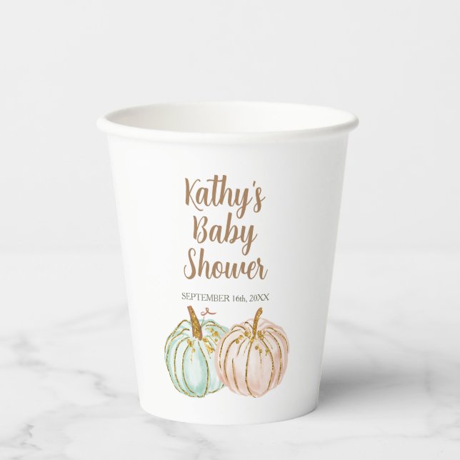 Mint and Peach Pumpkin Gold Glitter White Paper Cups (Front)