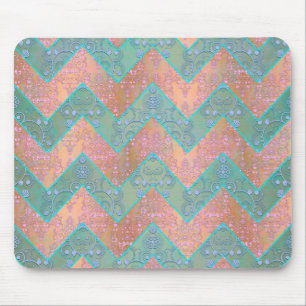 Mint and Peachy Pink Floral Damask Chevron Mouse Mat