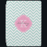 Mint and Pink Chevron Custom Monogram iPad Cover<br><div class="desc">Cute trendy chic iPad case features a preppy zigzag chevron pattern personalised with your monogram name and initial in a girly quatrefoil frame. Click Customise It to change text fonts and colours to create your own unique one of a kind design.</div>