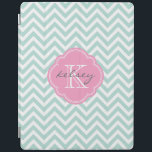 Mint and Pink Chevron Custom Monogram iPad Cover<br><div class="desc">Cute trendy chic iPad case features a preppy zigzag chevron pattern personalised with your monogram name and initial in a girly quatrefoil frame. Click Customise It to change text fonts and colours to create your own unique one of a kind design.</div>